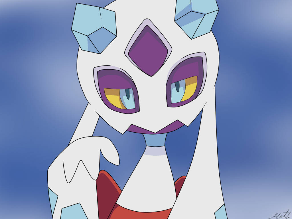 寶可夢 桌布 壁紙 — 動畫寶可夢Aegislash的特寫，帶有冰藍色水晶角和銳利的黃色眼睛，背景為柔和的藍色漸變。