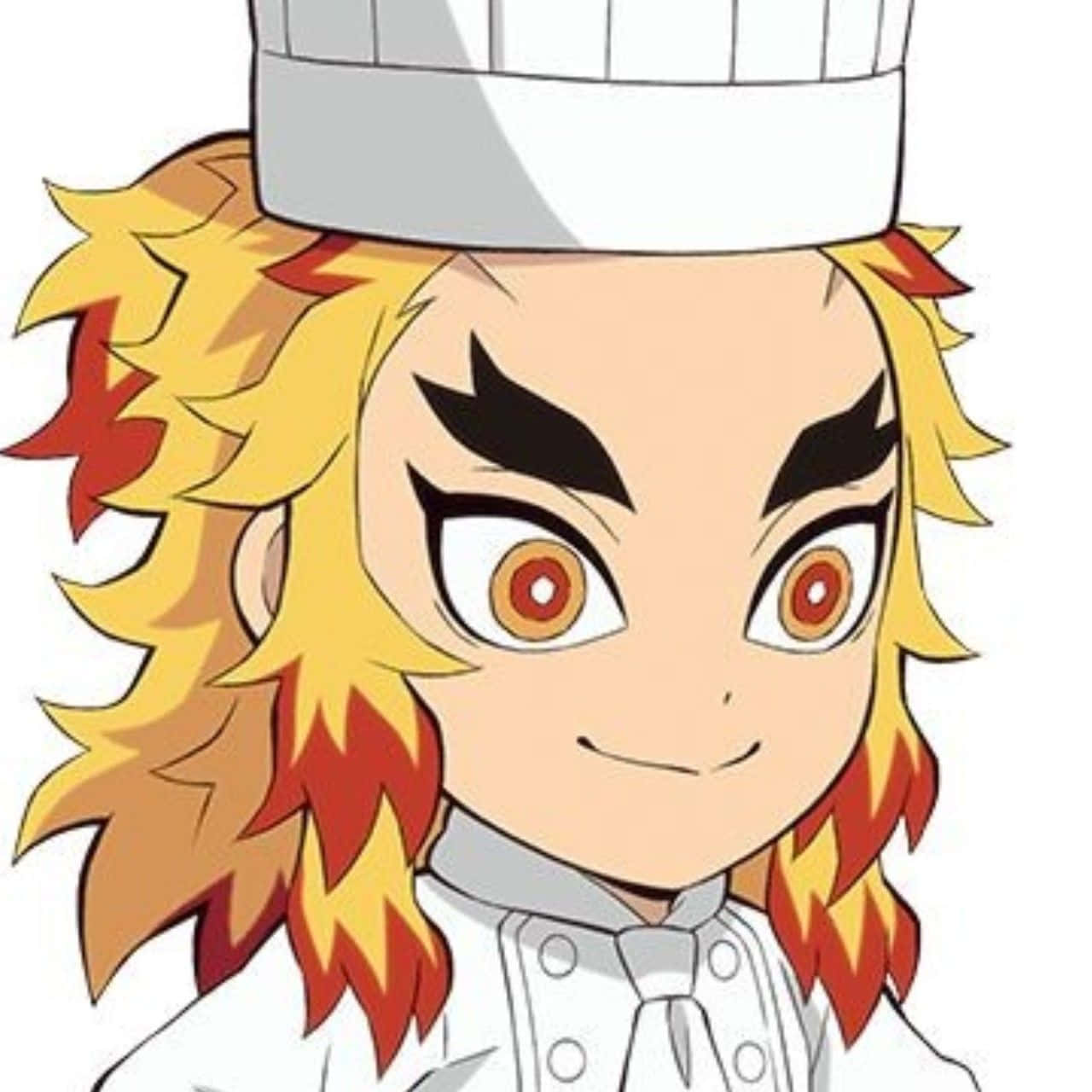 Rengoku Chibi 桌布 壁紙 — 動畫廚師，擁有火紅橙色頭髮和銳利眼神，戴著白色廚師帽和穿著制服。