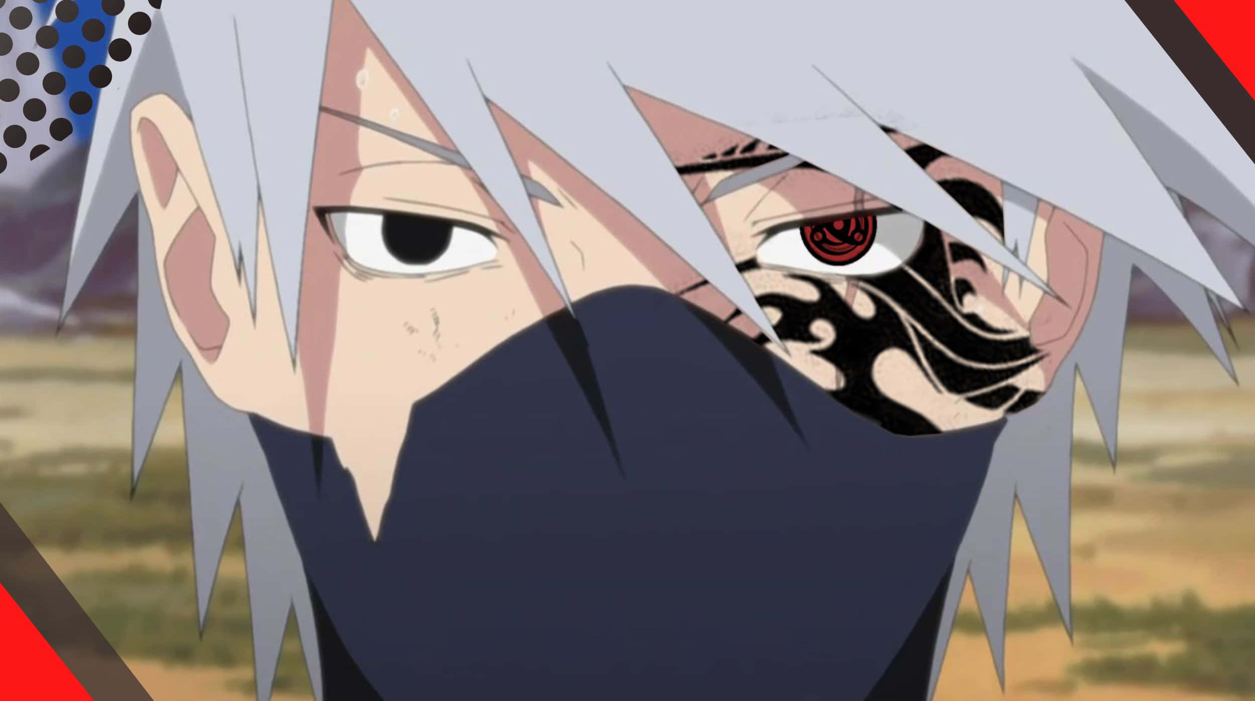 Mangekyou Sharingan 桌布 壁紙 — 動畫忍者特寫，銀色頭髮，黑色面具，露出一隻帶有複雜圖案的紅色眼睛。