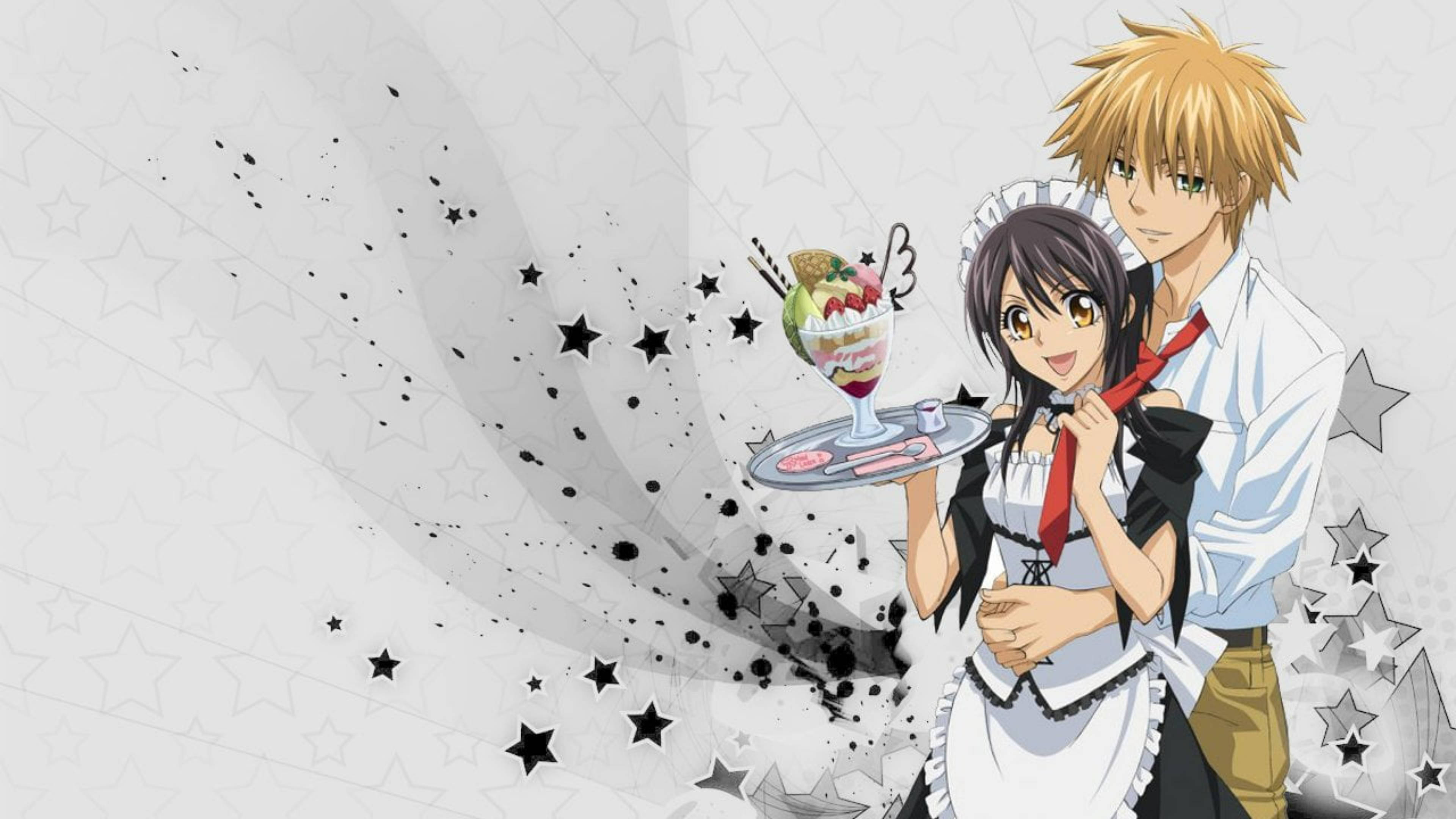 Maid Sama 桌布 壁紙 — 動畫情侶穿著女僕裝在星空黑色潑濺背景下提供甜點。