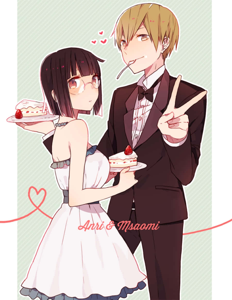Anri Sonohara 桌布 壁紙 — 動畫情侶穿著正式服裝分享蛋糕，心形圖案在他們周圍飄浮，背景為條紋。
