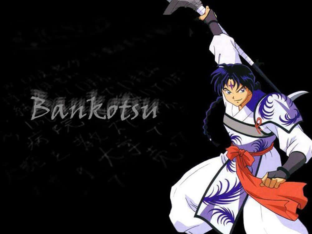Bankotsu 桌布 壁紙 — 動畫戰士 Bankotsu 身穿白色和紫色盔甲，繫著紅色腰帶，在黑色背景上揮舞著劍，背景上有日文字元。