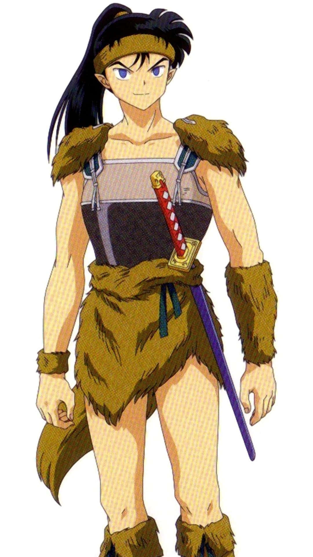 Inuyasha Koga 桌布 壁紙 — 動畫戰士，黑髮藍眼，身穿毛皮鑲邊盔甲，手持紅色劍柄的劍。