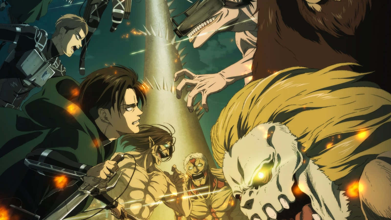 Attack On Titan The Final Season 桌布 壁紙 — 動畫戰士在發光的光束下與巨大的人形泰坦在熾熱的戰鬥中碰撞。