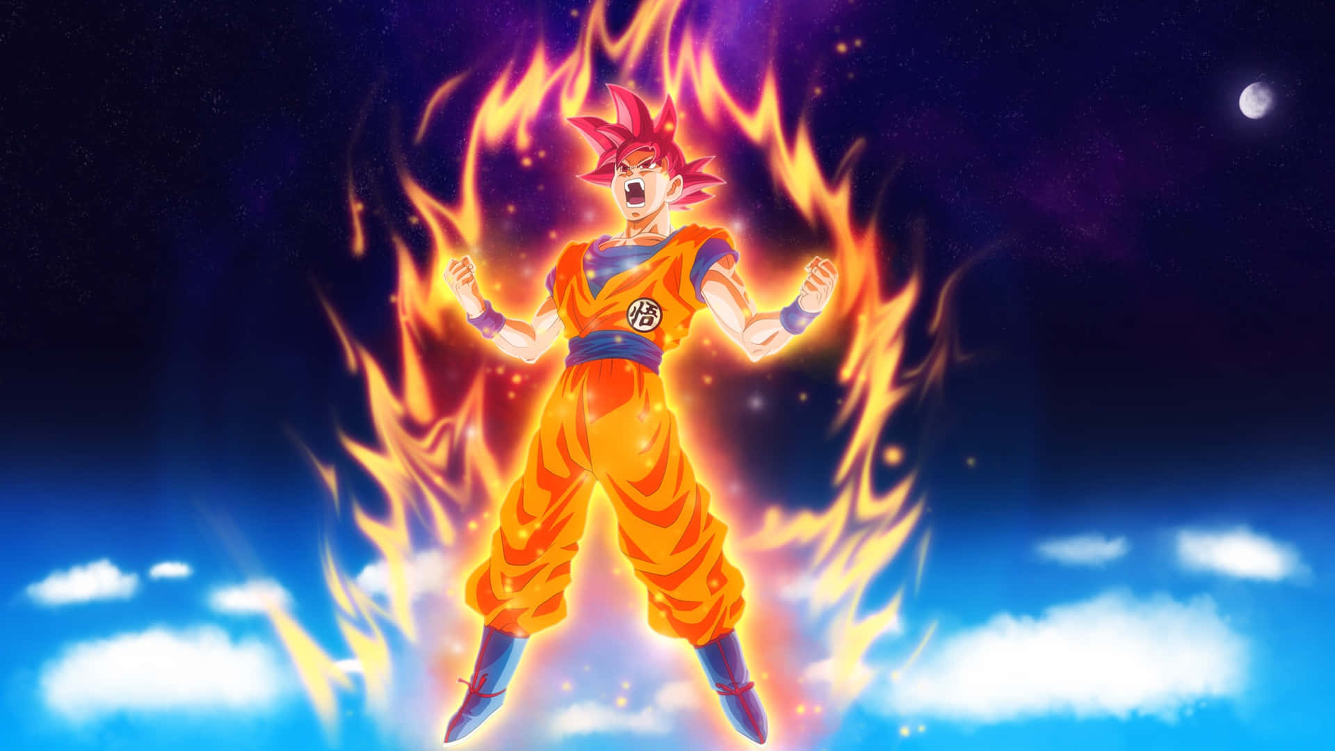 龍珠Z 桌布 壁紙 — 動畫戰士悟空以超級賽亞人形態，在佈滿星星、雲朵和月亮的夜空下散發出熾熱的能量。