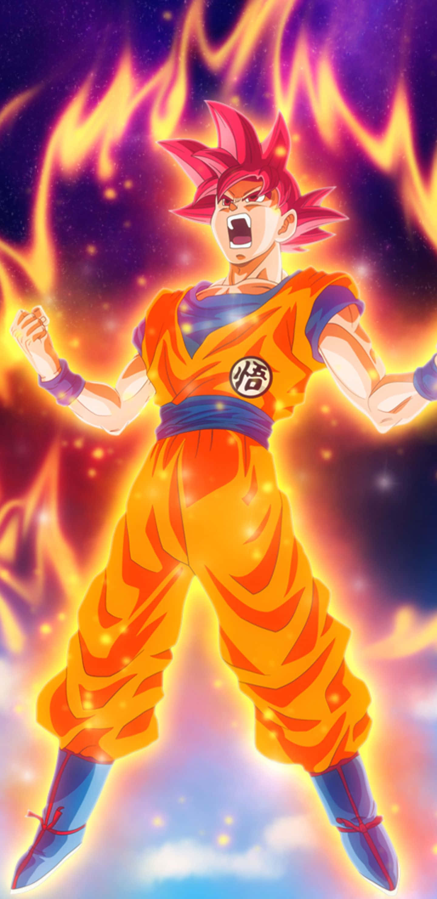 Dragon Ball Z Characters 桌布 壁紙 — 動畫戰士悟空以超級賽亞人神型態咆哮，散發火焰光環，背景是宇宙星空。