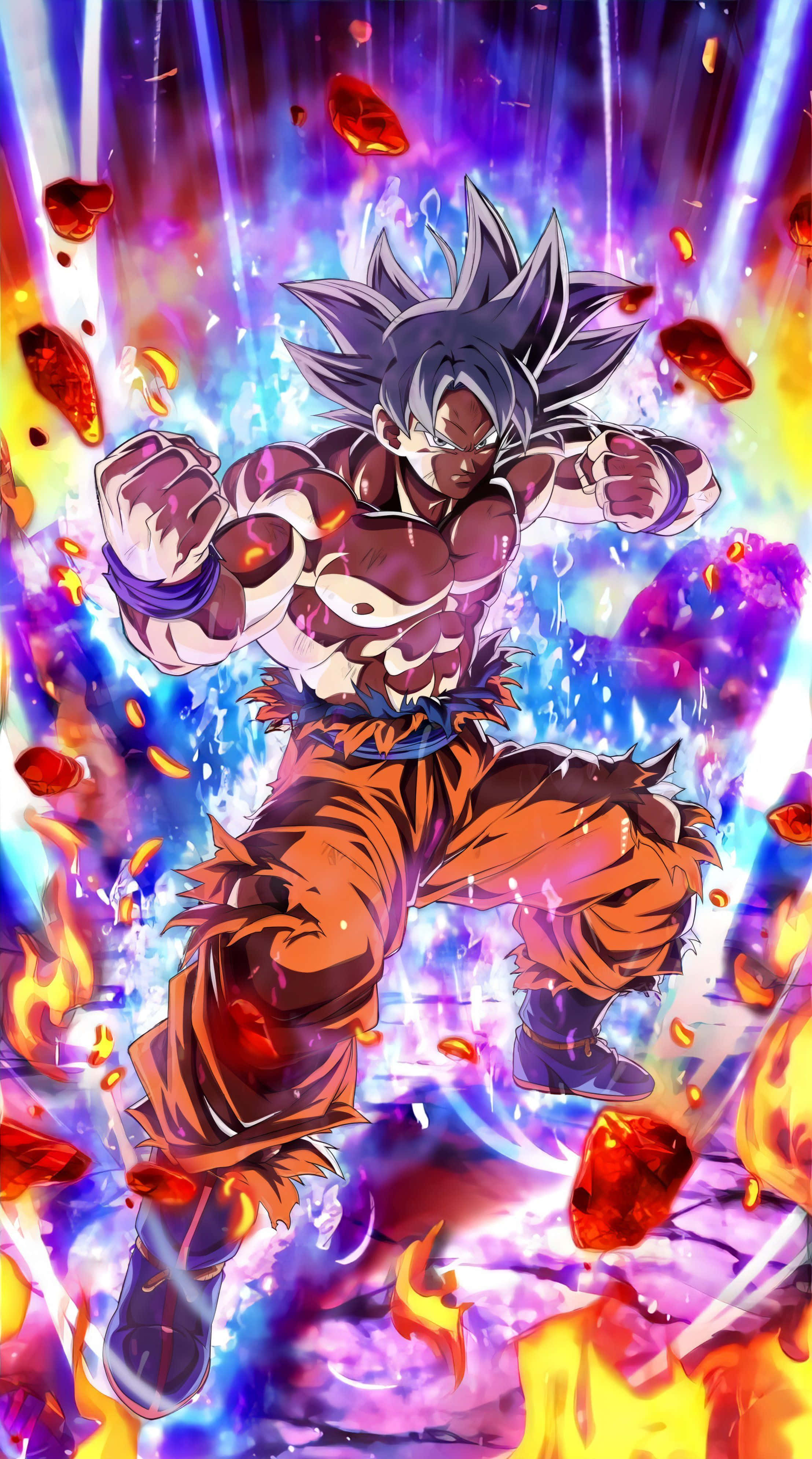 Mui Goku 桌布 壁紙 — 動畫戰士悟空以超級賽亞人藍形態釋放出強大的能量爆炸，周圍環繞著熾熱的爆炸和發光的粒子。