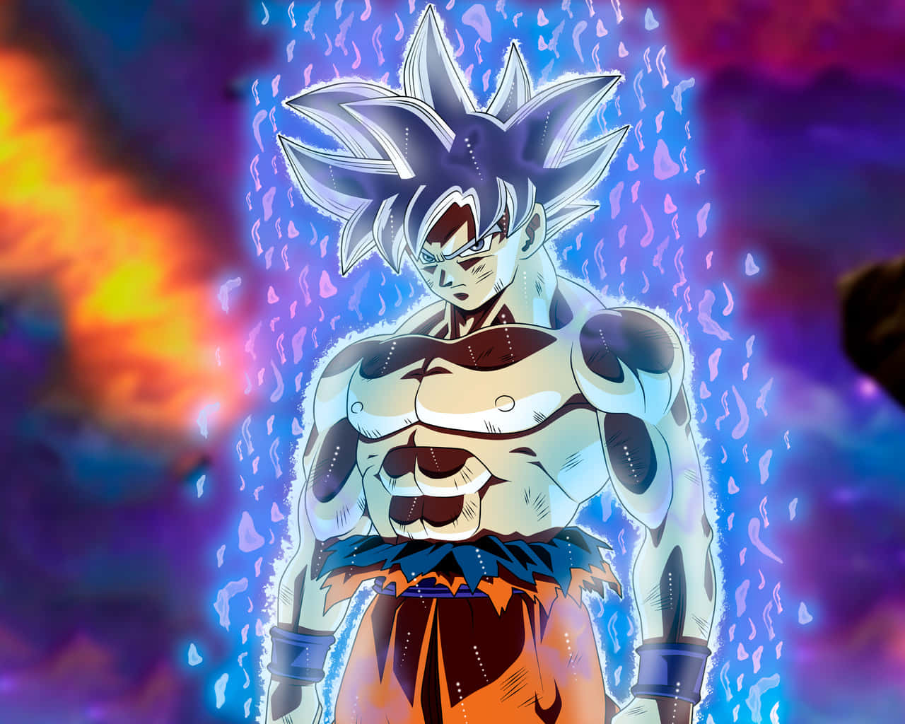 Mui Goku 桌布 壁紙 — 動畫戰士悟空以超級賽亞人藍色型態，在熾熱的宇宙背景下散發出藍色能量。