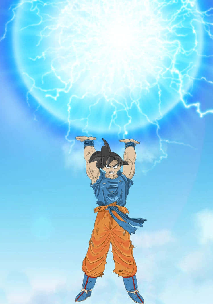 Goku's Spirit Bomb Sword 桌布 壁紙 — 動畫戰士悟空在明亮的天空背景下，將巨大的藍色能量球匯聚在頭頂上方。