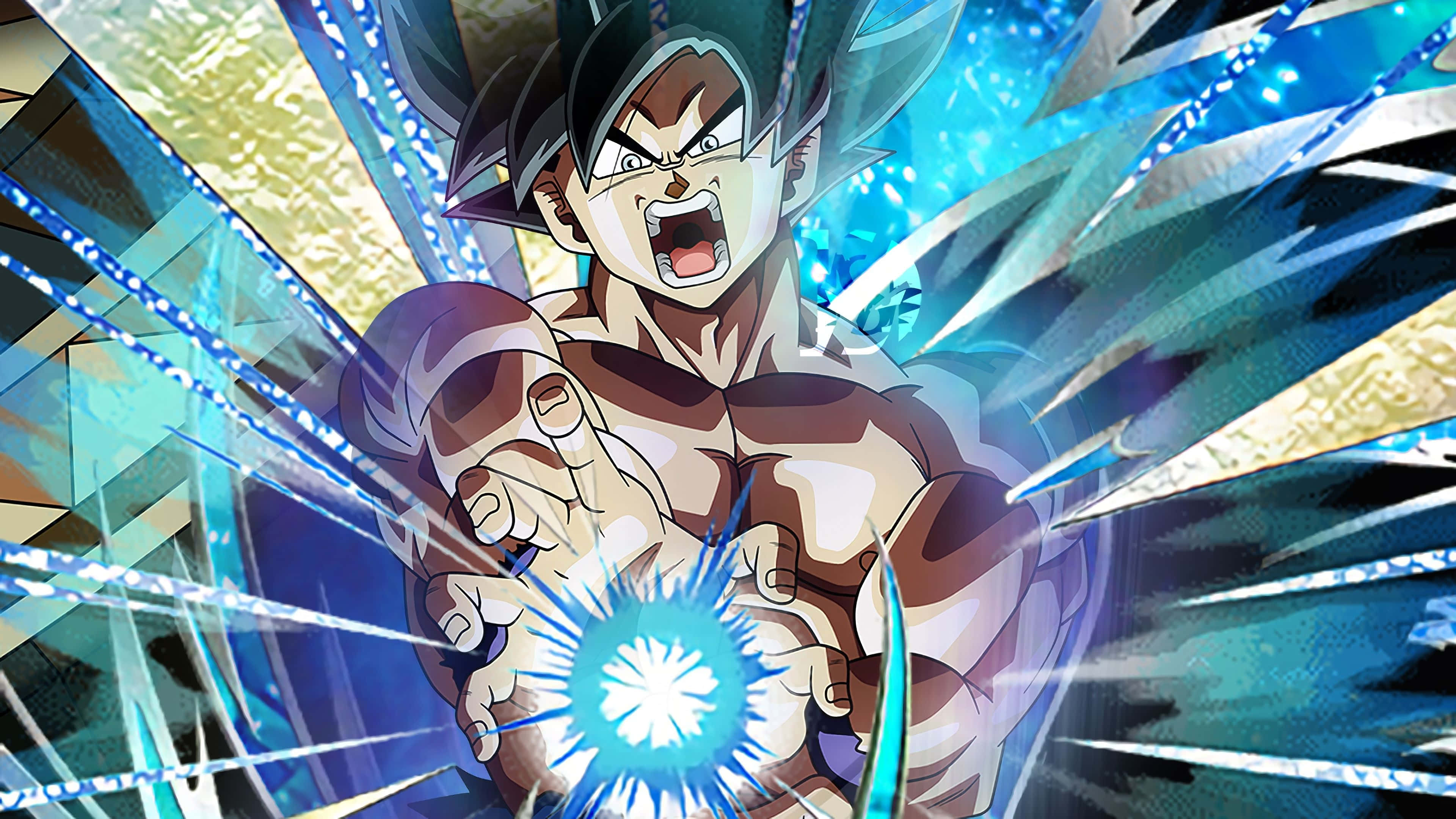 Cool Dragon Ball 桌布 壁紙 — 動畫戰士悟空在破碎的水晶背景下，以強烈的表情引導發光的藍色能量爆炸。