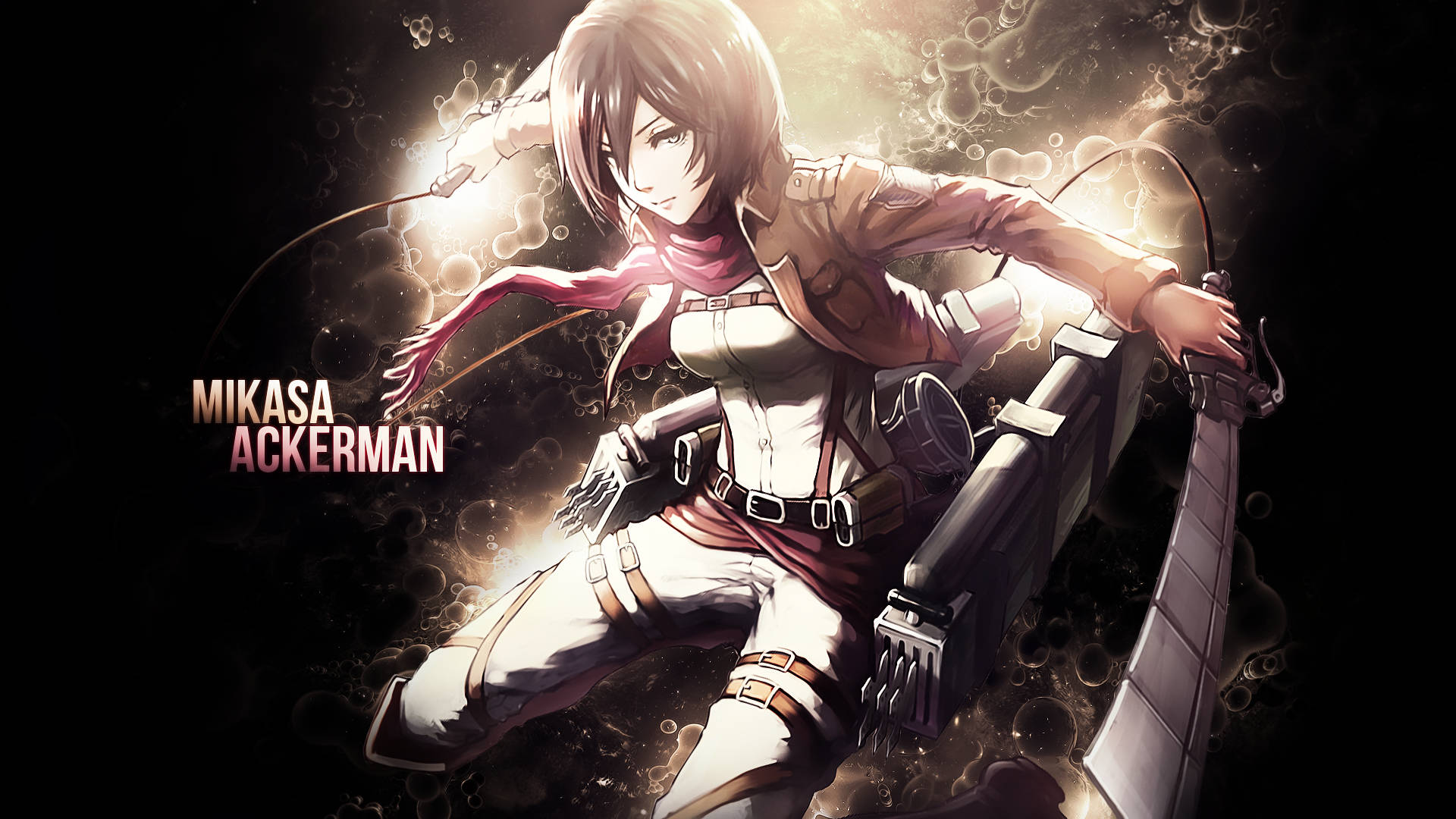 Mikasa Ackerman 桌布 壁紙 — 動畫戰士米卡莎·阿卡曼身穿戰鬥裝備，手持劍和抓鉤，背景為發光的黑暗背景。
