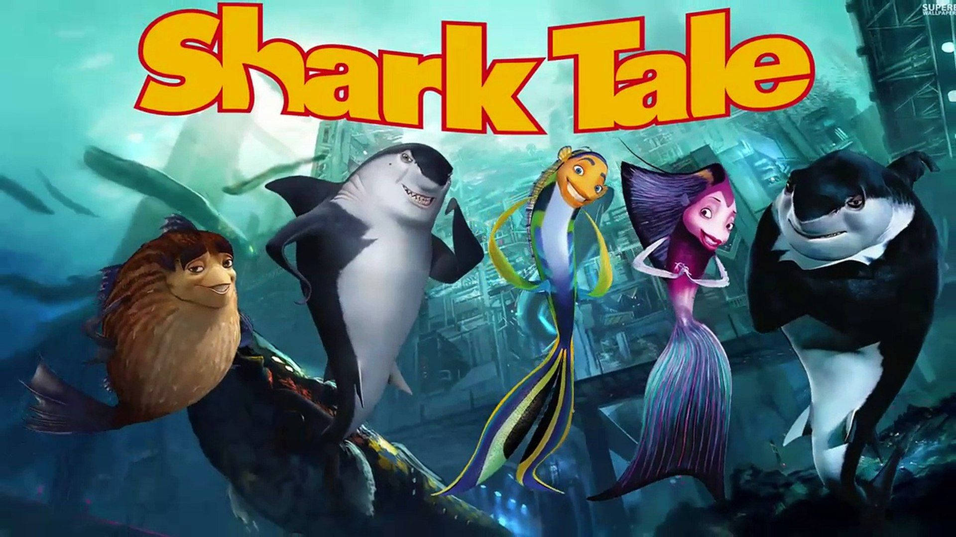 Shark Tale 桌布 壁紙 — 動畫水下城市景觀，以《鯊魚黑幫》的主要角色為特色，色彩鮮豔，表情俏皮。