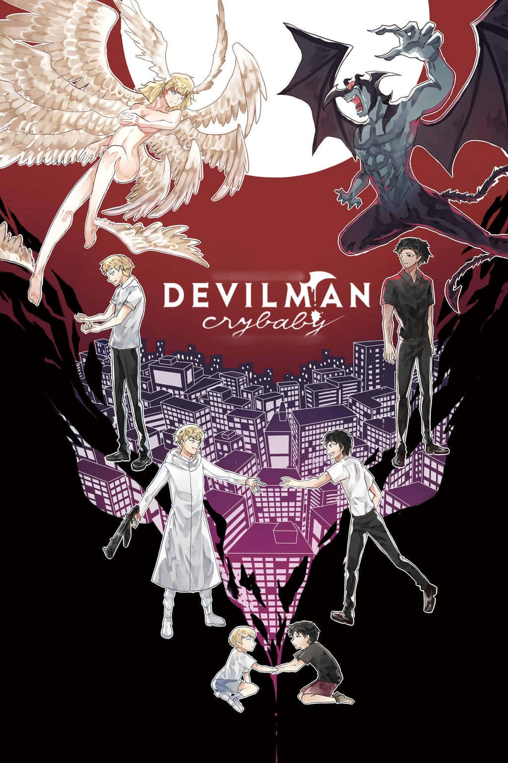 Devilman Crybaby 桌布 壁紙 — 動畫海報，描繪天使與惡魔形象籠罩城市景觀，角色擺出動態姿勢。
