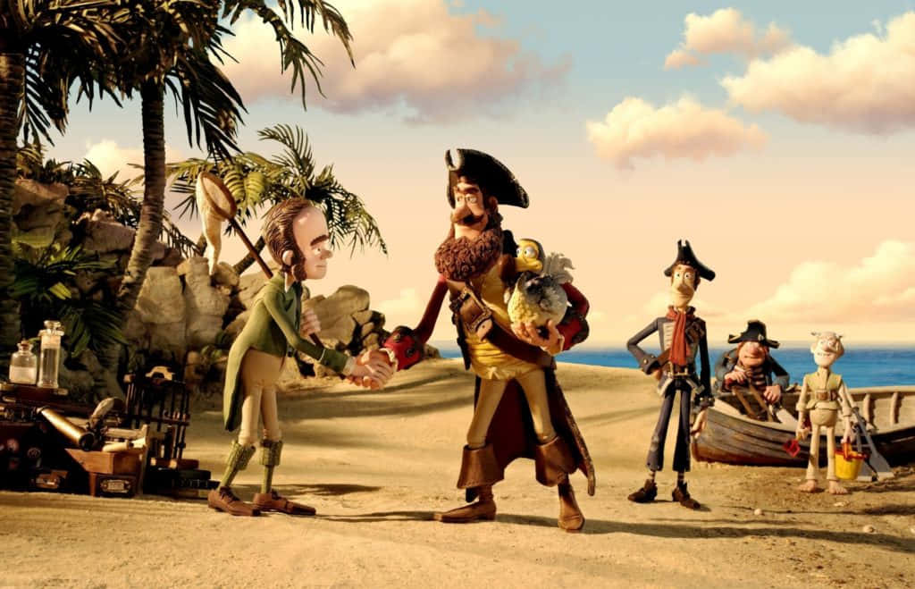 pirates 桌布 壁紙 — 動畫海盜角色在熱帶海灘上握手，背景有棕櫚樹和海洋。