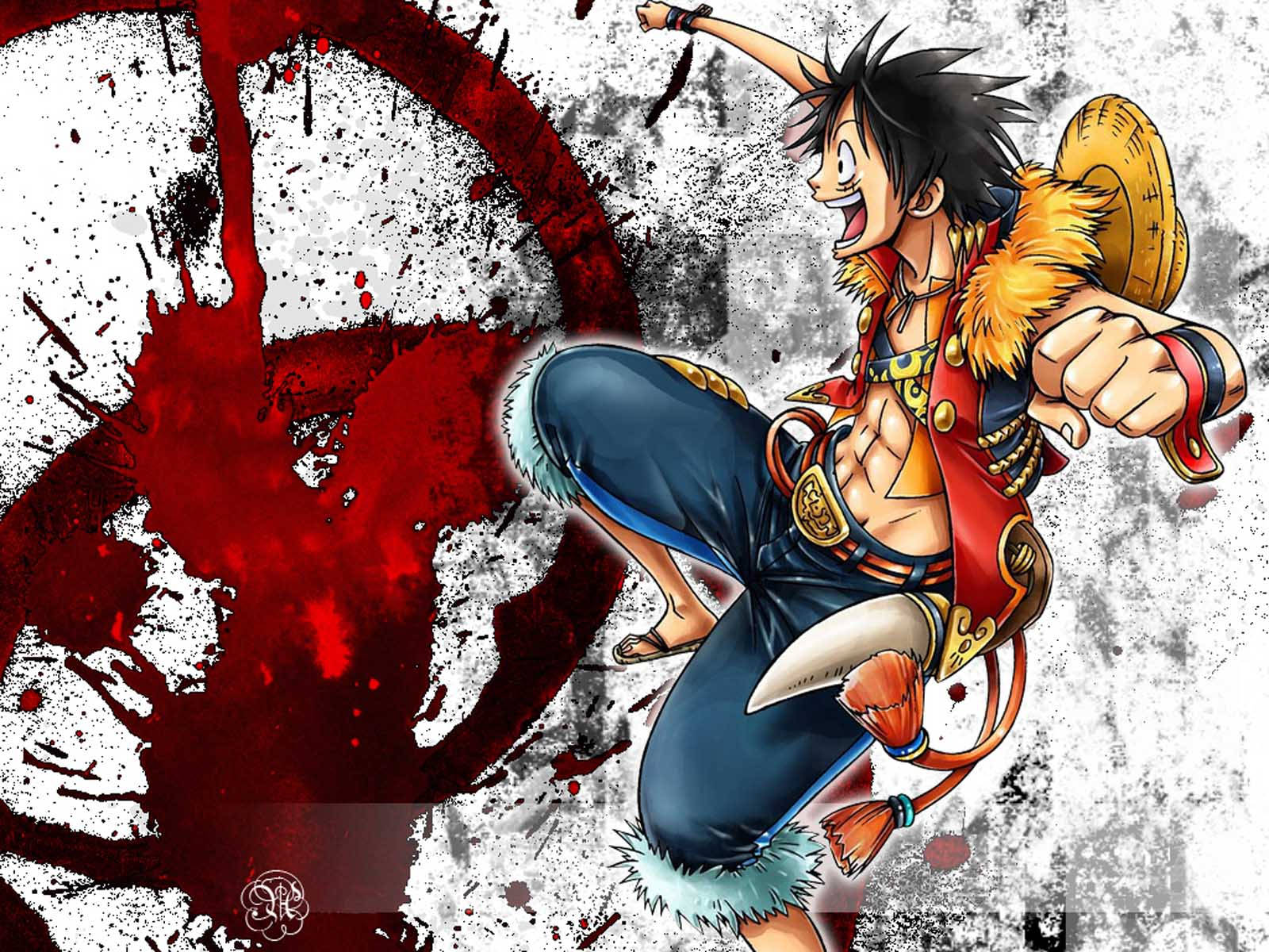 luffy 4K 桌布 壁紙 — 動畫海賊船長魯夫在粗糙的紅白飛濺背景上動態跳躍。