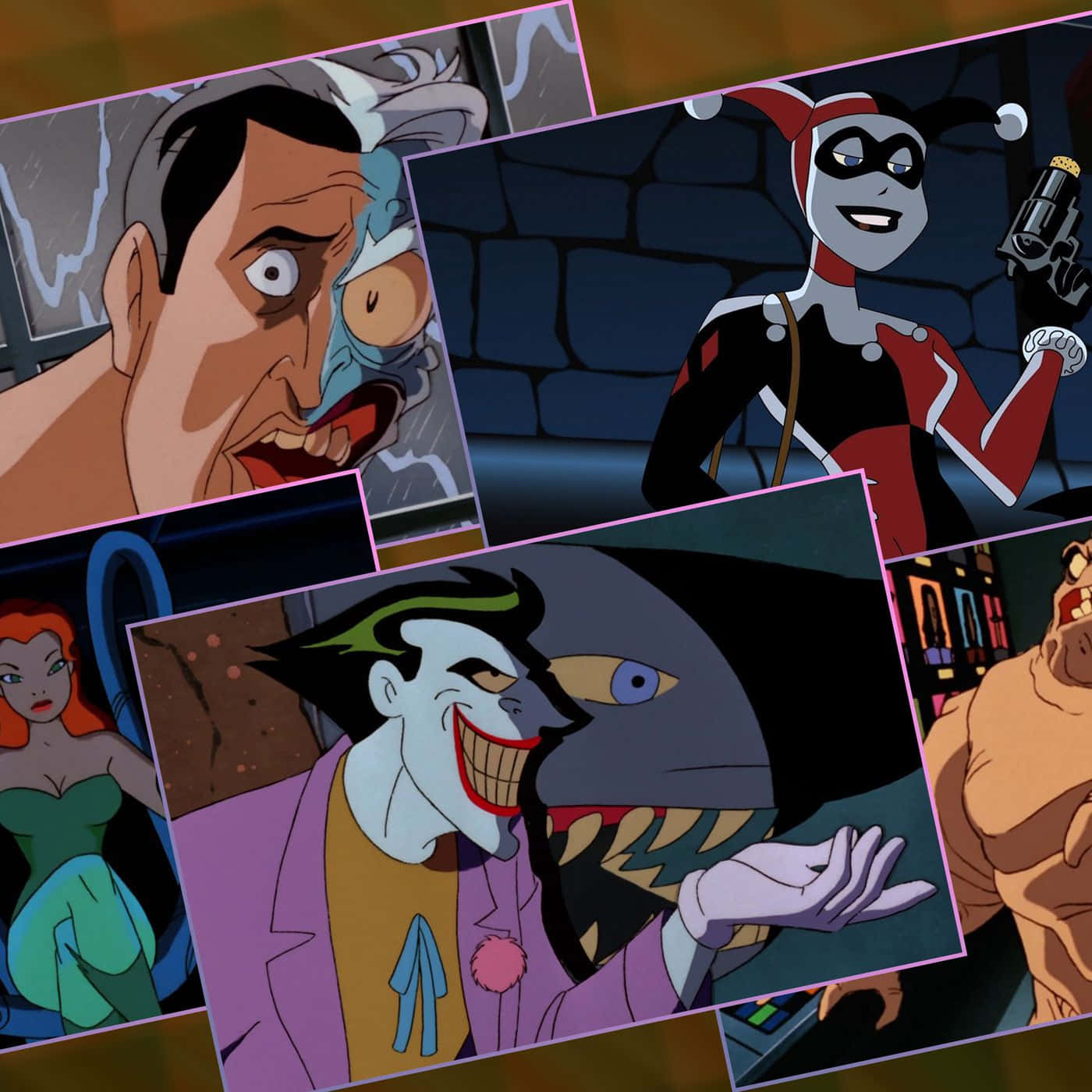Cartoon Villains 桌布 壁紙 — 動畫版蝙蝠俠反派的拼貼畫，包括小丑、哈莉·奎茵和雙面人，以戲劇性的特寫呈現。