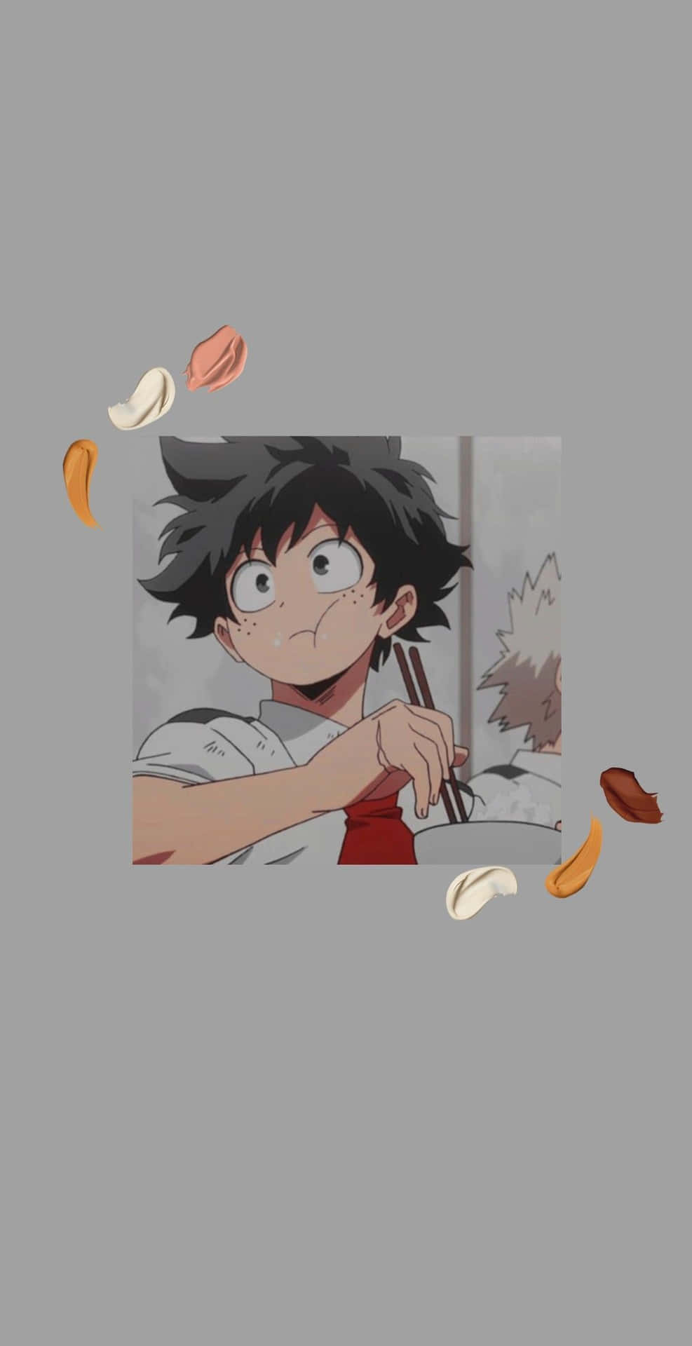 Aesthetic Manga 桌布 壁紙 — 動畫男孩，一頭凌亂的黑髮和大眼睛，在純灰色背景上被漂浮的食物包圍，手持筷子。