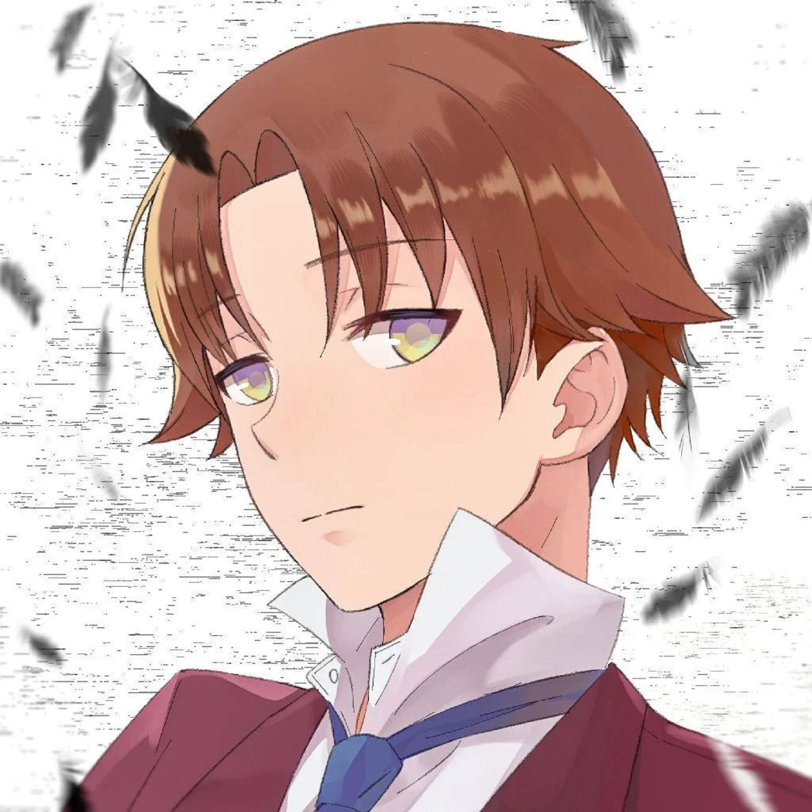 kiyotaka ayanokoji 桌布 壁紙 — 動畫男孩，棕色頭髮，紫色眼睛，穿著校服，黑色羽毛在他周圍飄動，背景是帶紋理的白色。