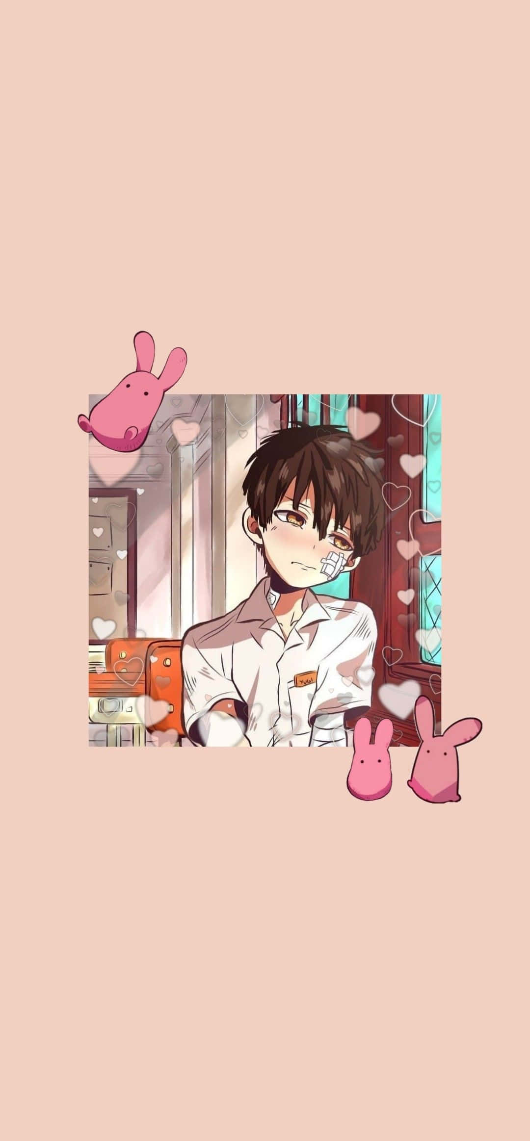 hanako 桌布 壁紙 — 動畫男孩，棕色頭髮，臉頰貼著繃帶，坐在一個房間裡，周圍環繞著漂浮的粉紅色兔子和愛心。