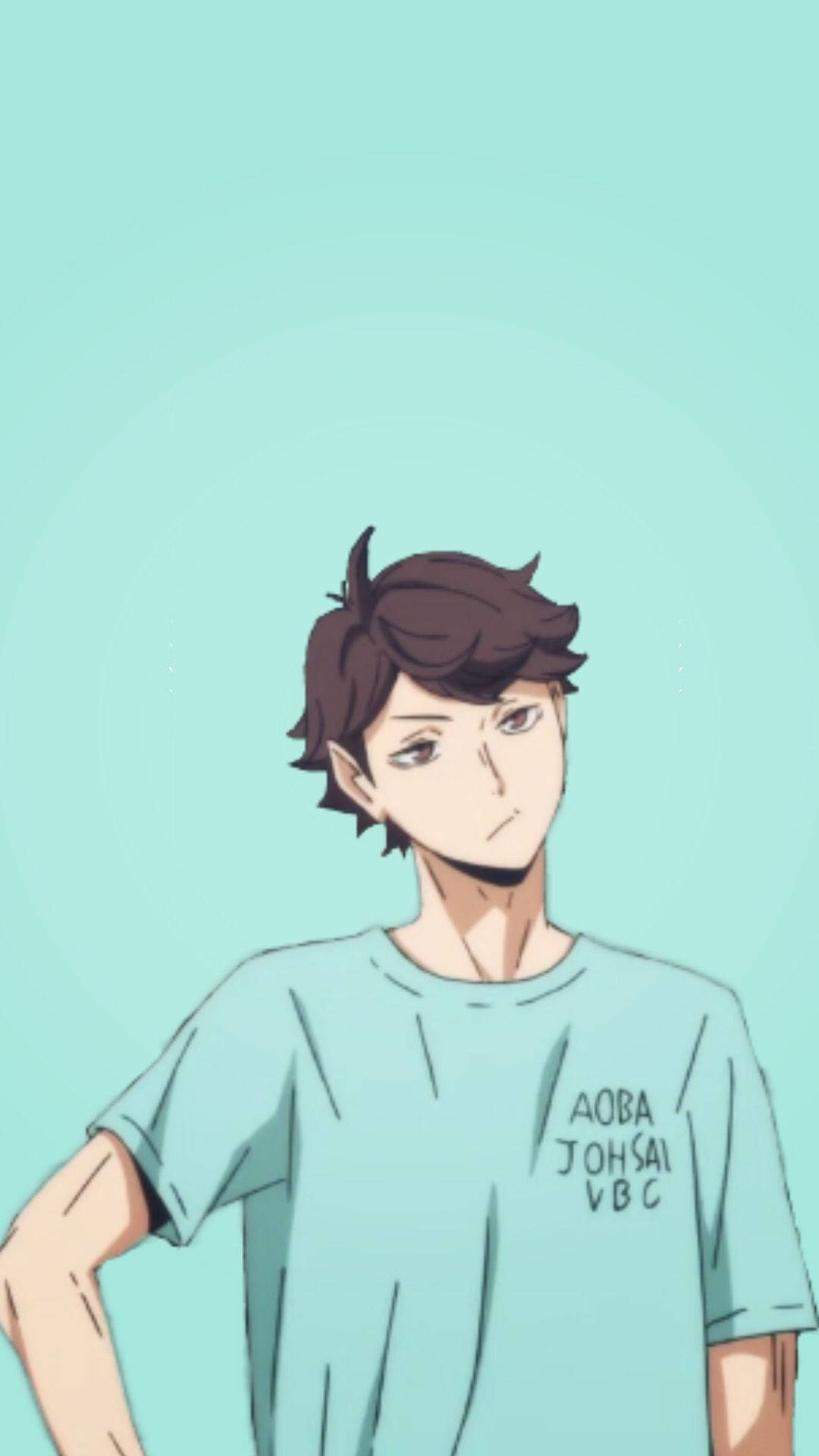 toru oikawa 桌布 壁紙 — 動畫男孩，棕色頭髮，表情嚴肅，穿著淺藍色T恤，上面有文字，背景是柔和的青綠色。