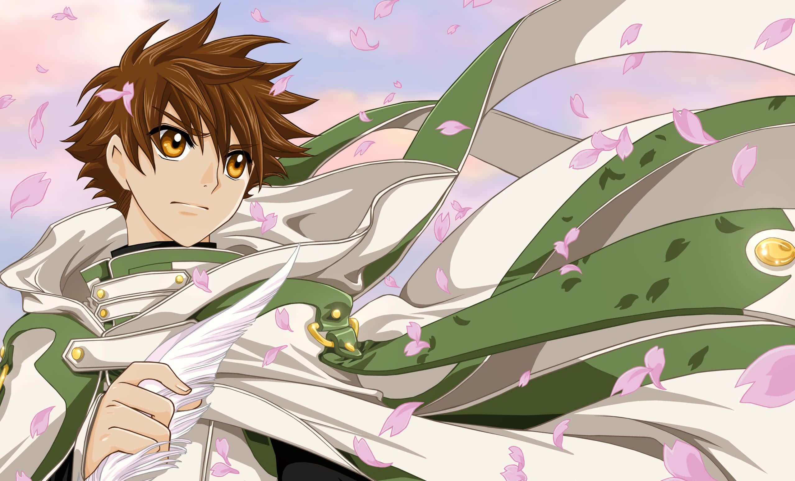 Suzaku Kururugi 桌布 壁紙 — 動畫男孩，棕色頭髮，金色眼睛，手持白色羽毛，粉紅色的櫻花在天空中飄揚。