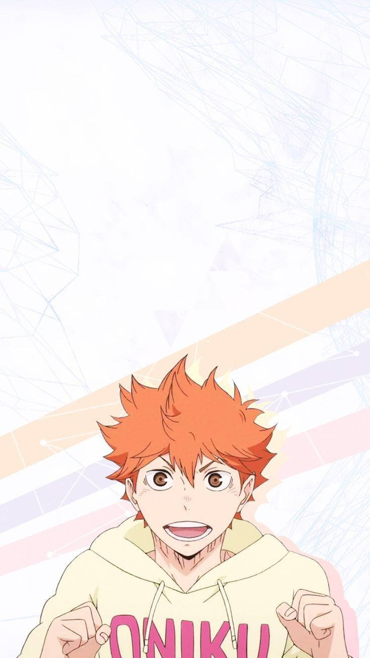 Shoyo Hinata 桌布 壁紙 — 動畫男孩，橙色尖刺頭髮，帶著堅定的笑容，穿著黃色連帽衫，背景為抽象粉彩。
