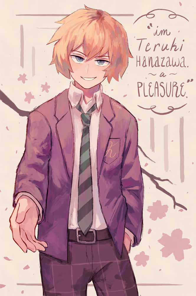 Teruki Hanazawa 桌布 壁紙 — 動畫男孩，橙色頭髮，紫色西裝，在飄落的櫻花中溫暖微笑。