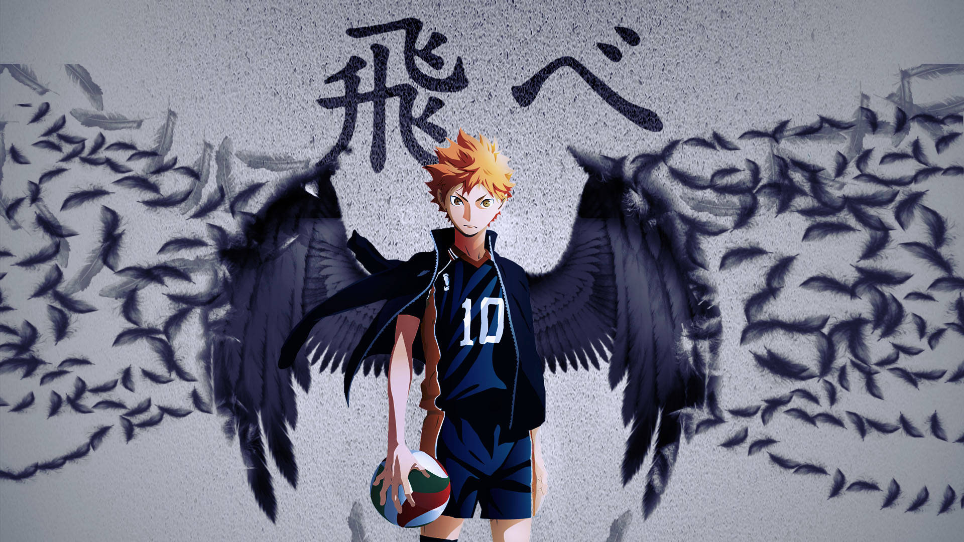 Shoyo Hinata 桌布 壁紙 — 動畫男孩，橙色頭髮，黑色翅膀，拿著排球，背景是帶有日本漢字和鳥群的紋理牆壁。