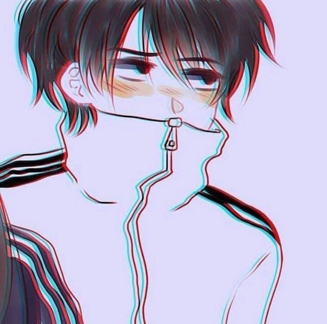 愛心 桌布 壁紙 — 動畫男孩，深色頭髮，紅藍色色差效果，低頭看著，拉鍊從臉上拉下。