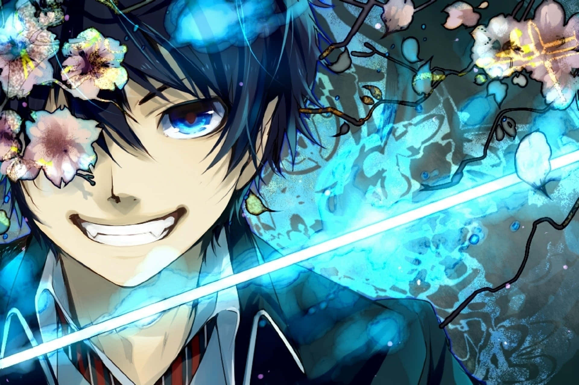 Blue Exorcist 桌布 壁紙 — 動畫男孩，藍眼睛，黑頭髮，在櫻花飄落和發光藍色能量背景下微笑。