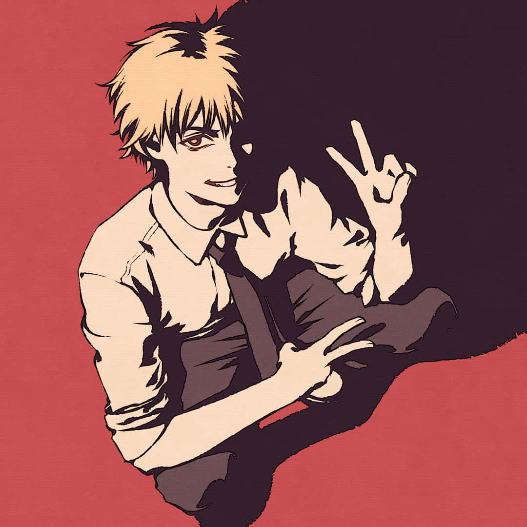 Handsome Anime Boy 桌布 壁紙 — 動畫男孩，金色刺蝟頭，在紅黑分割背景前微笑比出和平手勢。