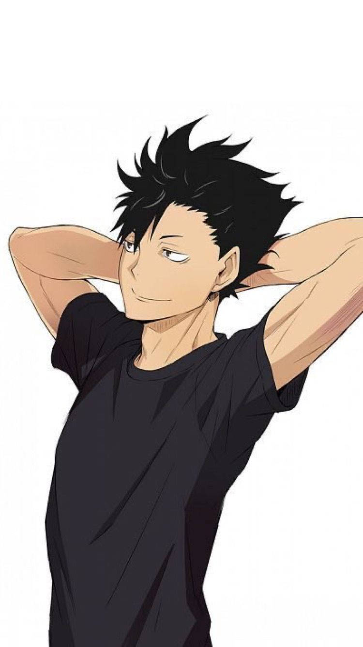 Kuroo 桌布 壁紙 — 動畫男孩，黑色刺蝟頭，身穿黑色T恤，在白色背景前將雙臂伸到腦後伸展。