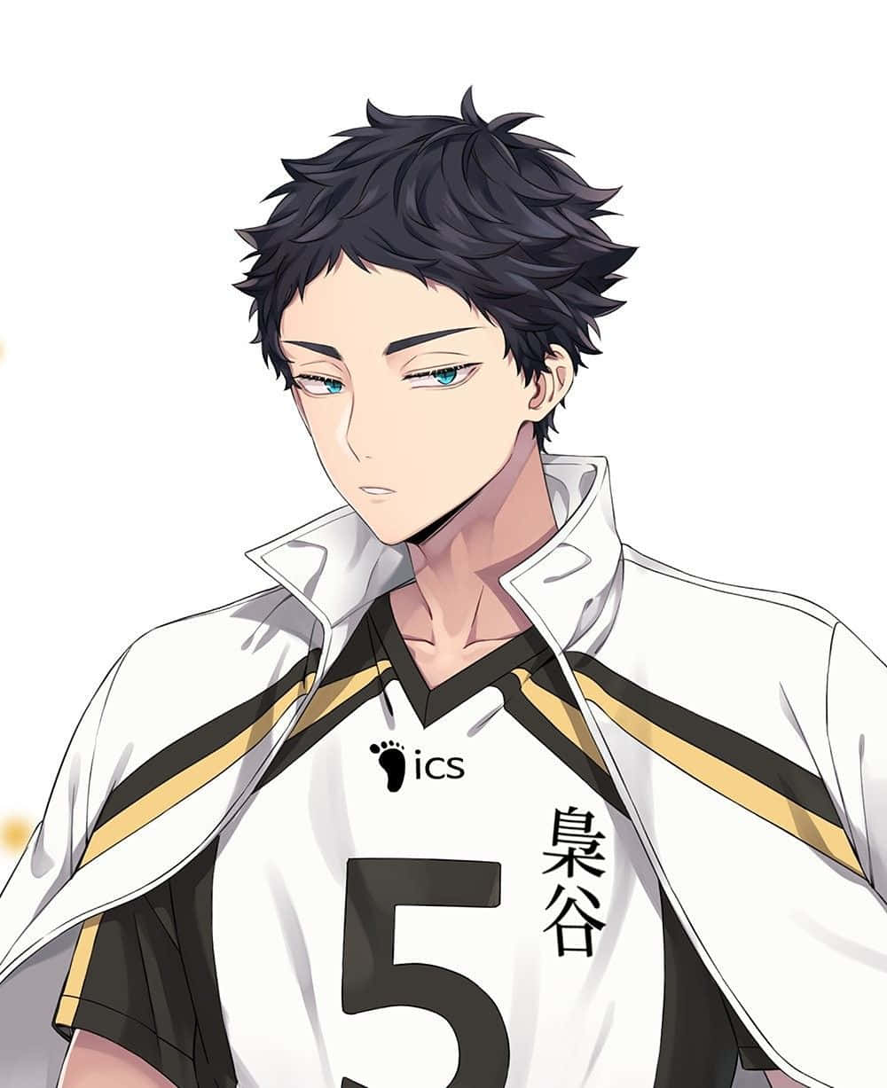Keiji Akaashi 桌布 壁紙 — 動畫男孩，黑色尖刺頭髮，藍色眼睛，身穿白色運動球衣，上面有數字五和漢字名字。