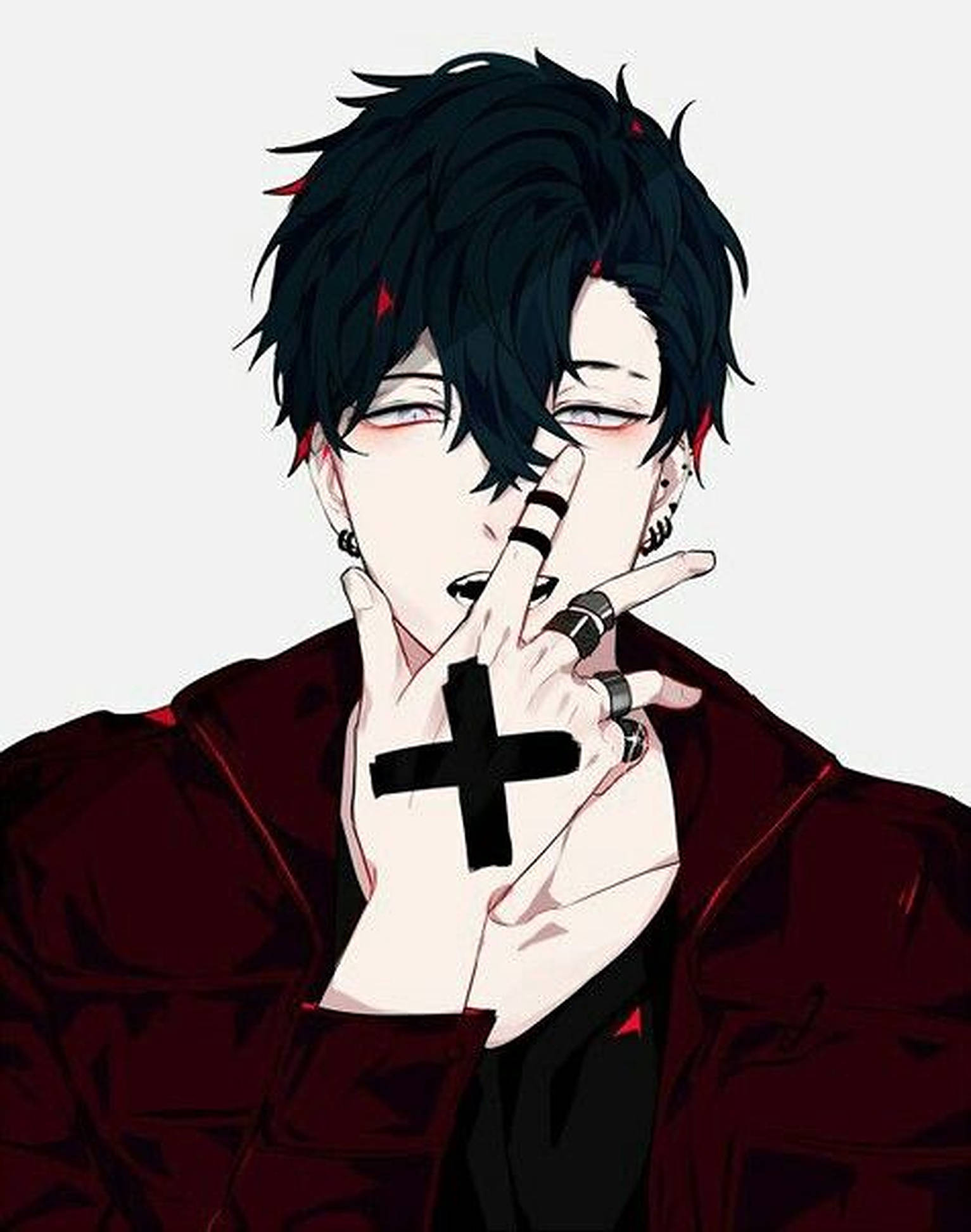 emo 頭像 桌布 壁紙 — 動畫男孩，黑髮帶紅色點綴，單眼眨眼，手中握著一個黑色十字架。