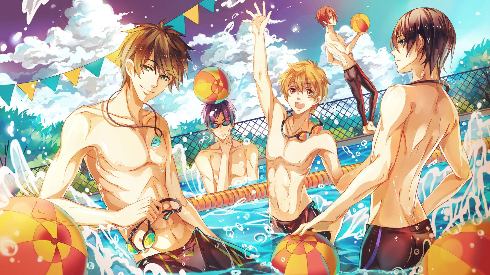 Swimming 桌布 壁紙 — 動畫男孩在明亮的天空下，在掛有節日旗幟的熱鬧戶外泳池中玩彩色沙灘球。