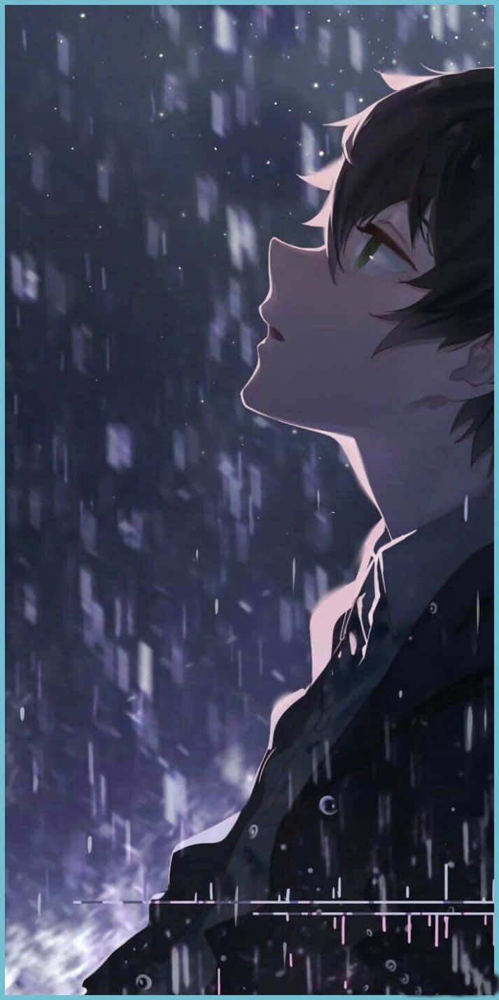 Anime Rain 桌布 壁紙 — 動畫男孩在星空下的雨中向上凝視，眼睛發光，光線柔和。