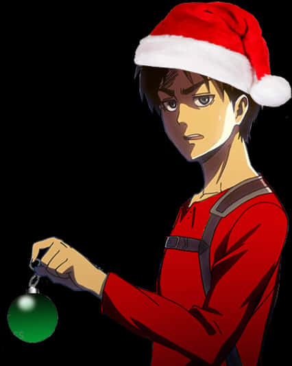 動漫 桌布 壁紙 — 動畫男孩戴紅色聖誕帽，手持綠色裝飾品，在純黑背景上表情嚴肅。