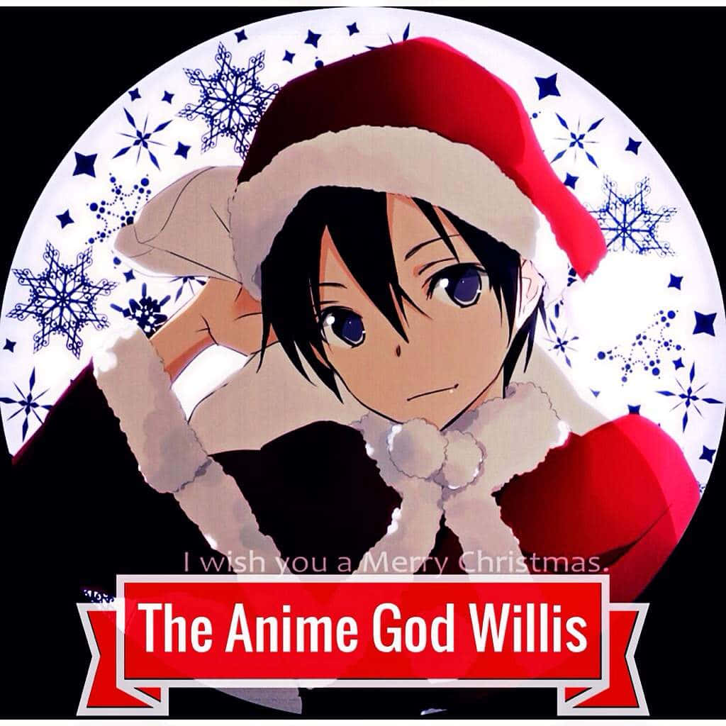 動漫聖誕 桌布 壁紙 — 動畫男孩戴紅色聖誕帽和外套，在雪地星形圓形背景和節日橫幅前微笑。