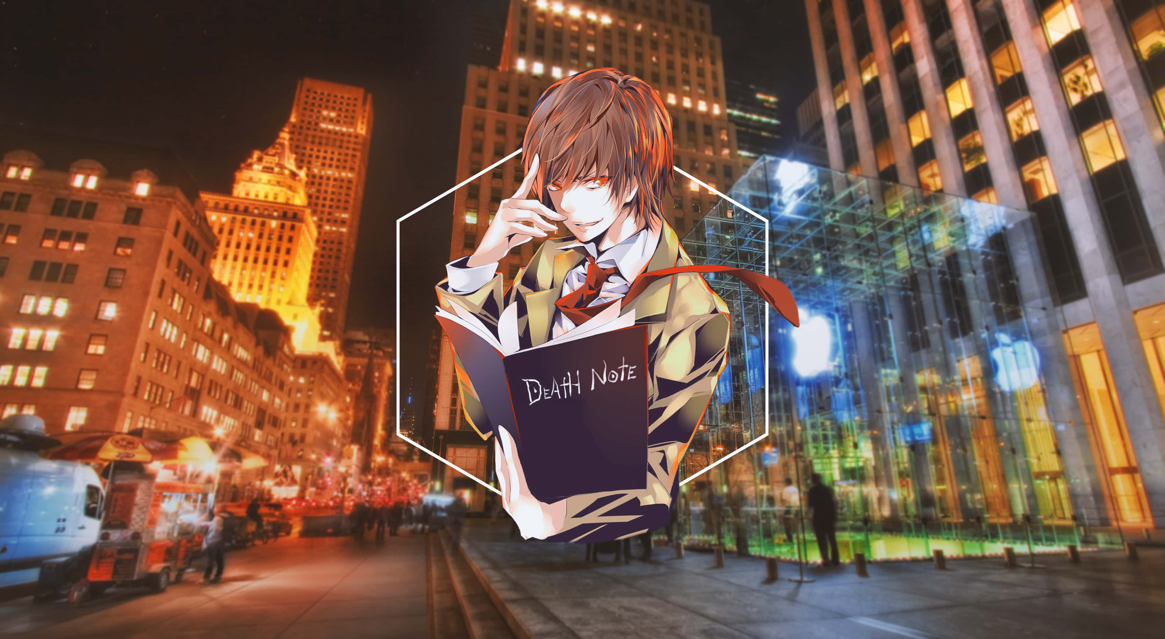 Death Note 4K 桌布 壁紙 — 動畫男孩手持死亡筆記本漂浮在夜晚霓虹燈照亮的城市街道上，身後是發光的摩天大樓。