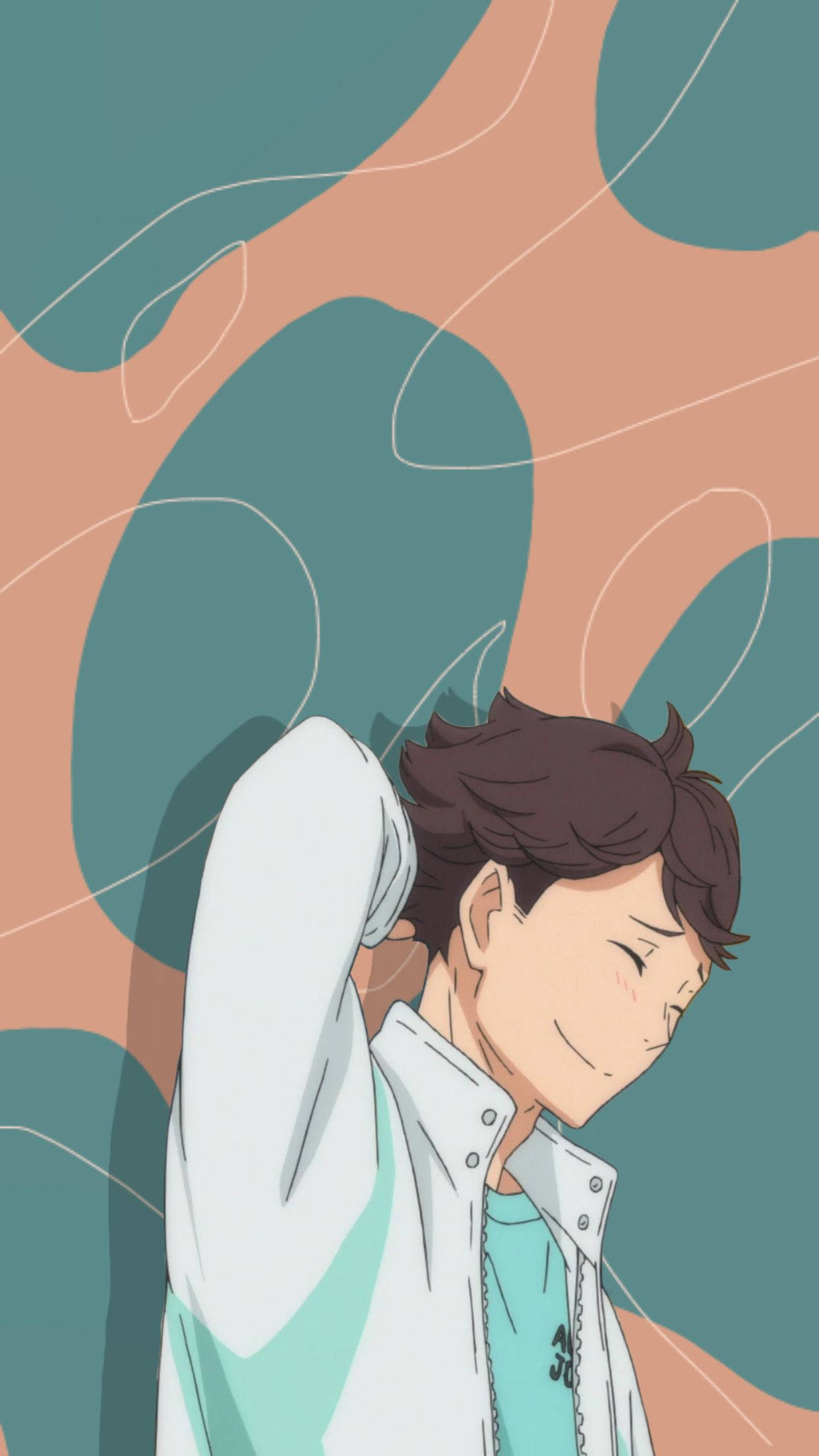 toru oikawa 桌布 壁紙 — 動畫男孩棕色頭髮微笑著在抽象的藍綠色和桃色背景中伸展。