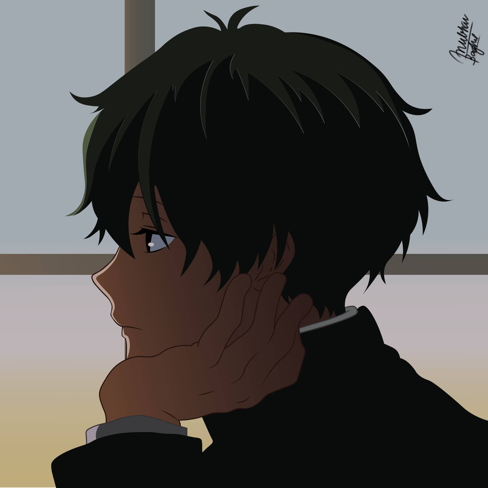 穿著校服的動畫男孩手托下巴望向窗外。 — 憂鬱動漫男孩 壁紙