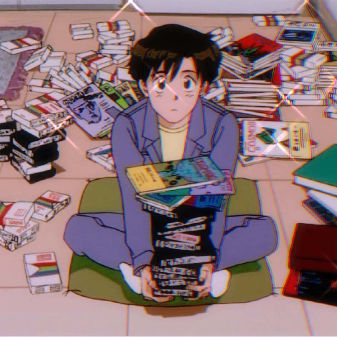 動漫男孩 桌布 壁紙 — 動畫男孩盤腿坐在地板上，周圍散落著書籍和卡式錄音帶，帶有發光效果。