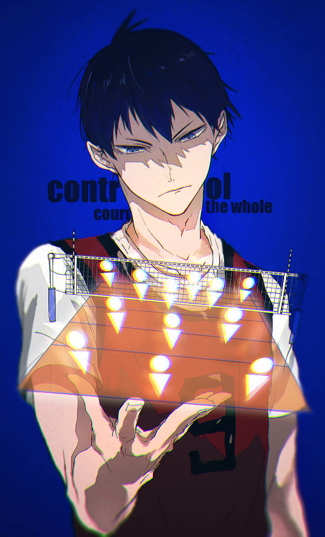 Kageyama 桌布 壁紙 — 動畫男孩穿著排球制服，在深藍色背景上拿著發光的戰術網格覆蓋層。