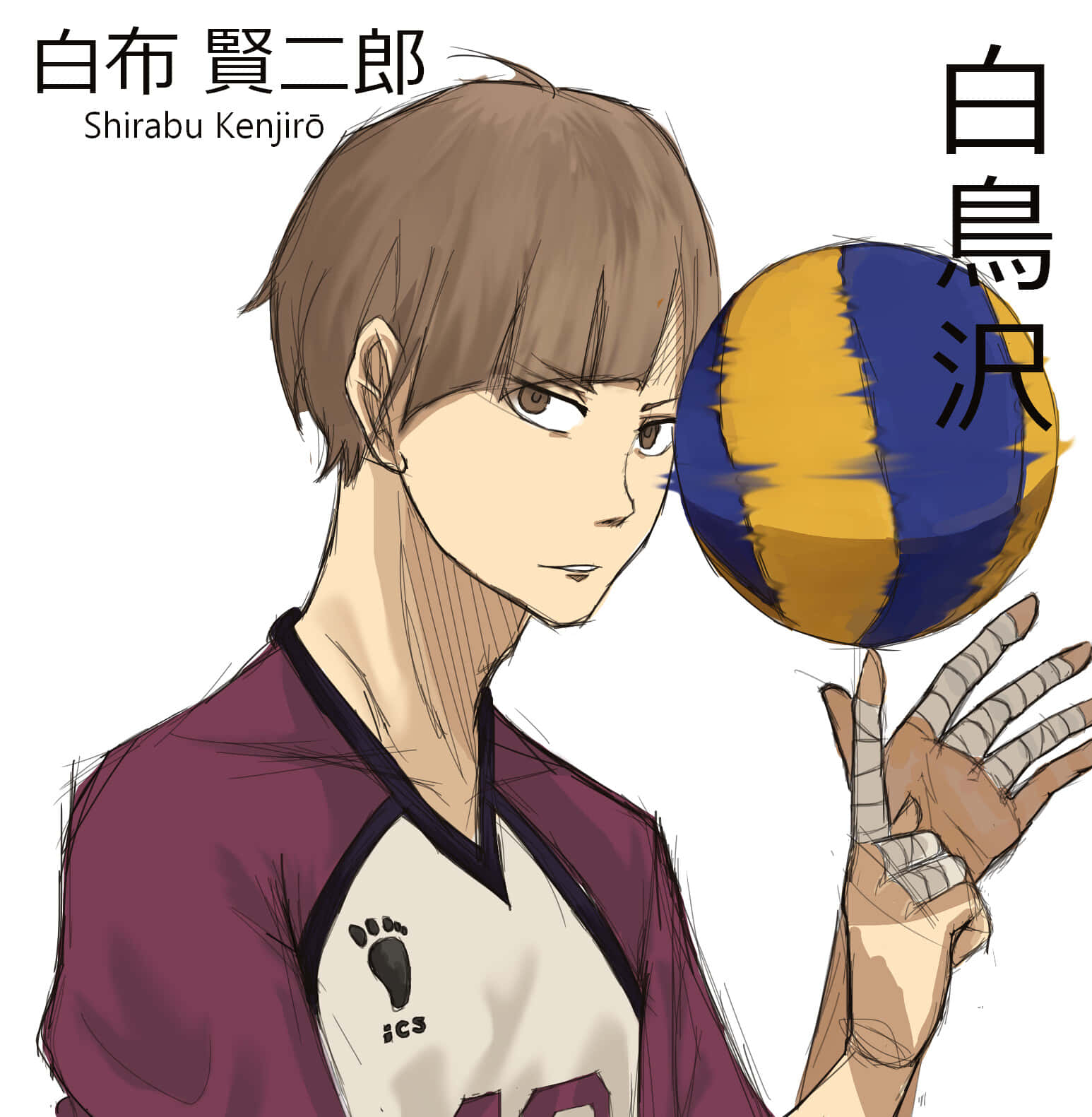 Shirabu Kenjirou 桌布 壁紙 — 動畫男孩穿著排球球衣，在白色背景前專注地用指尖平衡藍黃色的球。