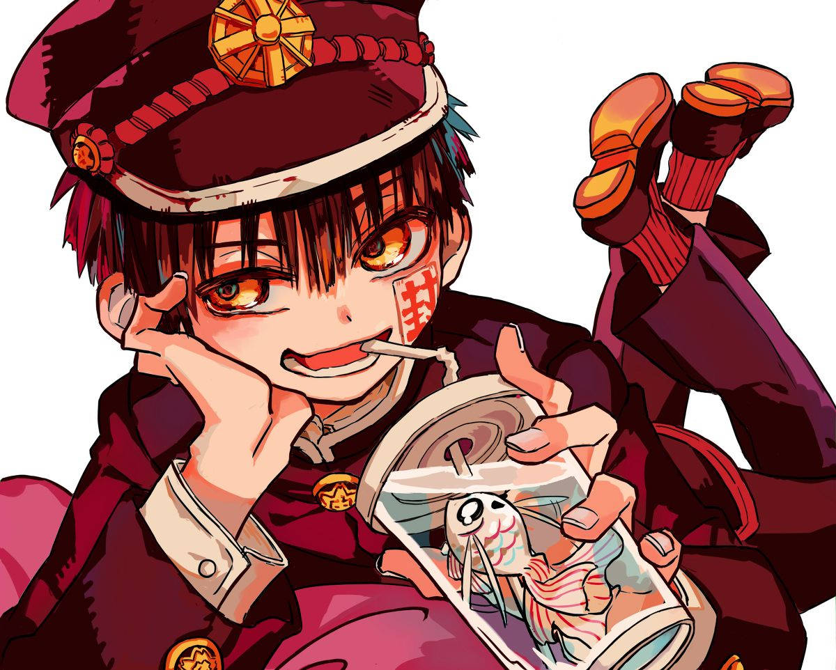 Toilet Bound Hanako Kun 桌布 壁紙 — 動畫男孩穿著栗色制服，縫合臉頰，發光的眼睛，拿著魚罐頭，同時踢起雙腳。