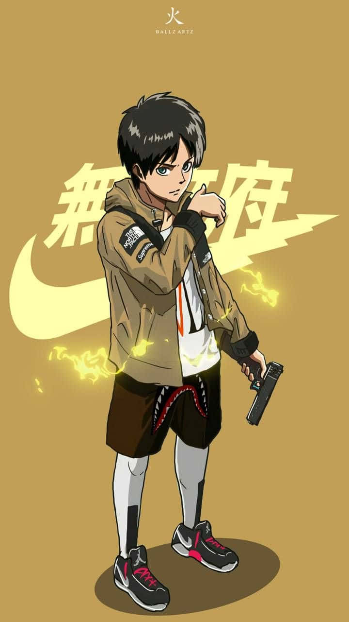 進擊的巨人 桌布 壁紙 — 動畫男孩穿著棕色外套和短褲，在芥末色背景下握著帶有發光黃色能量的手槍。
