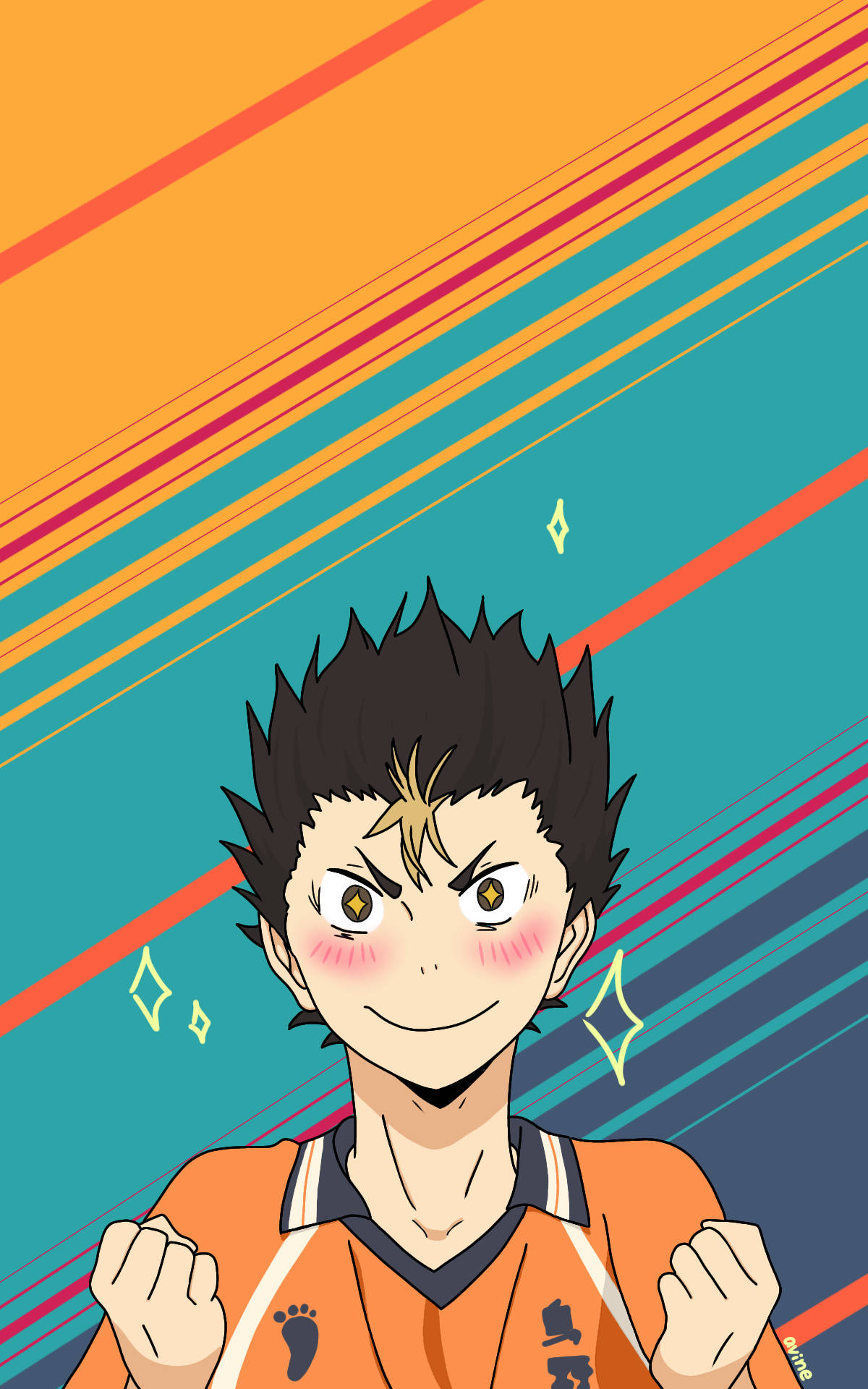 yu nishinoya 桌布 壁紙 — 動畫男孩穿著橙色排球球衣，在充滿活力的對角線條紋背景中微笑，握緊拳頭。