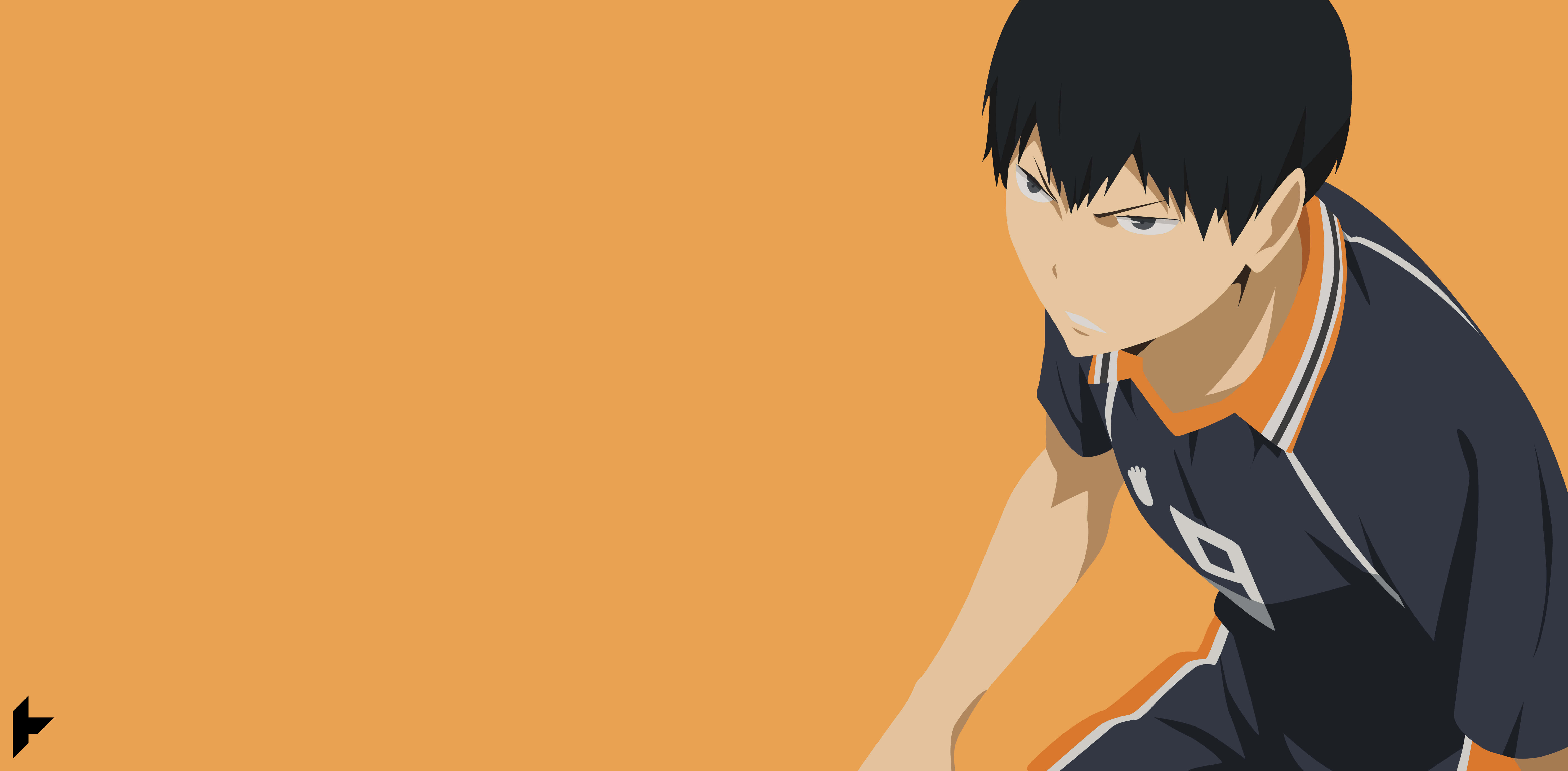 iwaizumi hajime 桌布 壁紙 — 動畫男孩穿著深色球衣，在純橙色背景前傾身，表情專注而強烈。