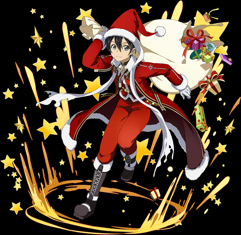 動漫男孩 桌布 壁紙 — 動畫男孩穿著紅色聖誕老人服裝，在金色星星和節日爆炸中跳躍，手持禮物袋，背景為黑色。