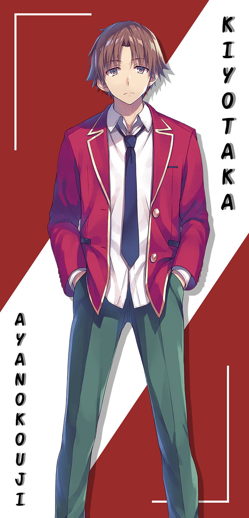 kiyotaka ayanokoji 桌布 壁紙 — 動畫男孩穿著紅色西裝外套和綠色褲子，自信地站在大膽的紅白對角線背景前。